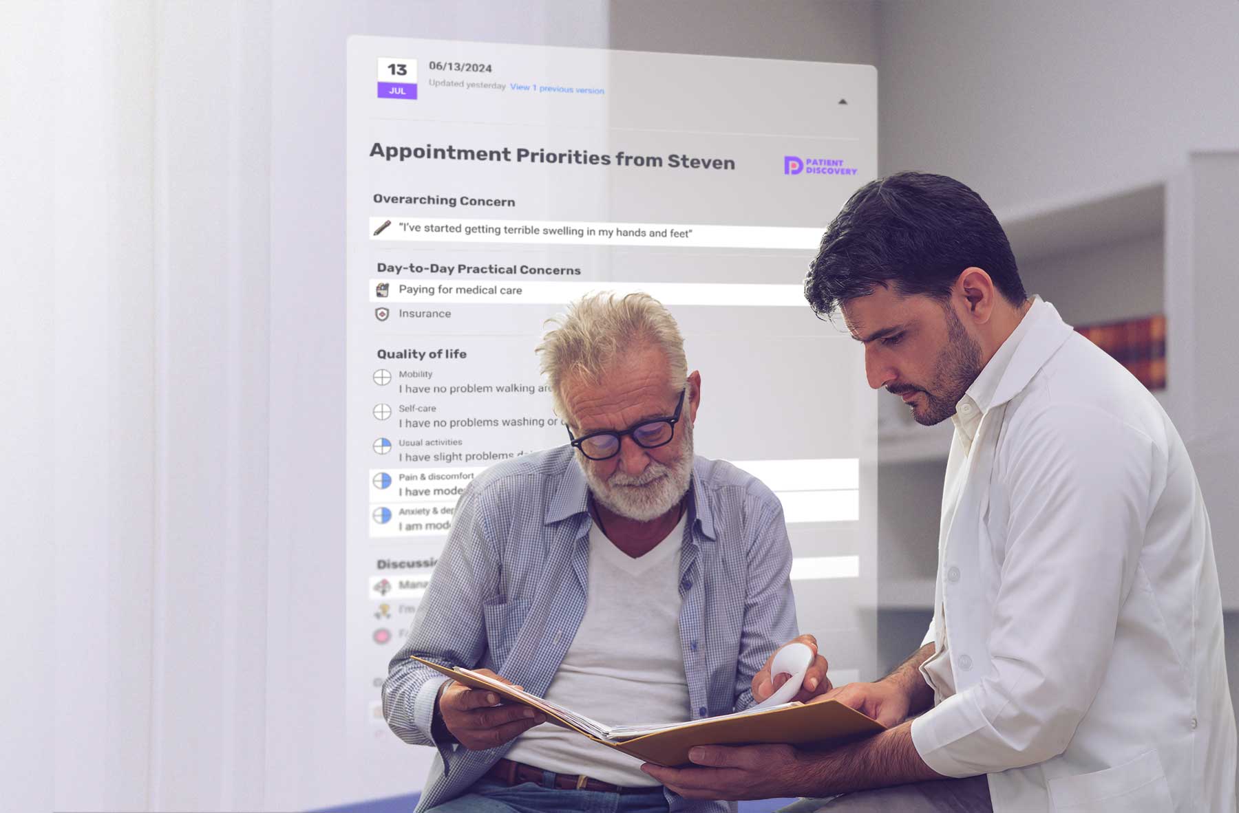 A clinician and patient converse, and an interface from the Patient Discovery platform floats behind them summarizing the responses the patient entered in when preparing for their appointment.